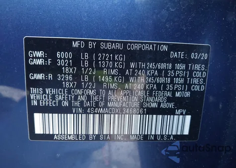 2020 Subaru Ascent Premium from USA, damaged, VIN 4S4WMACDXL3468061